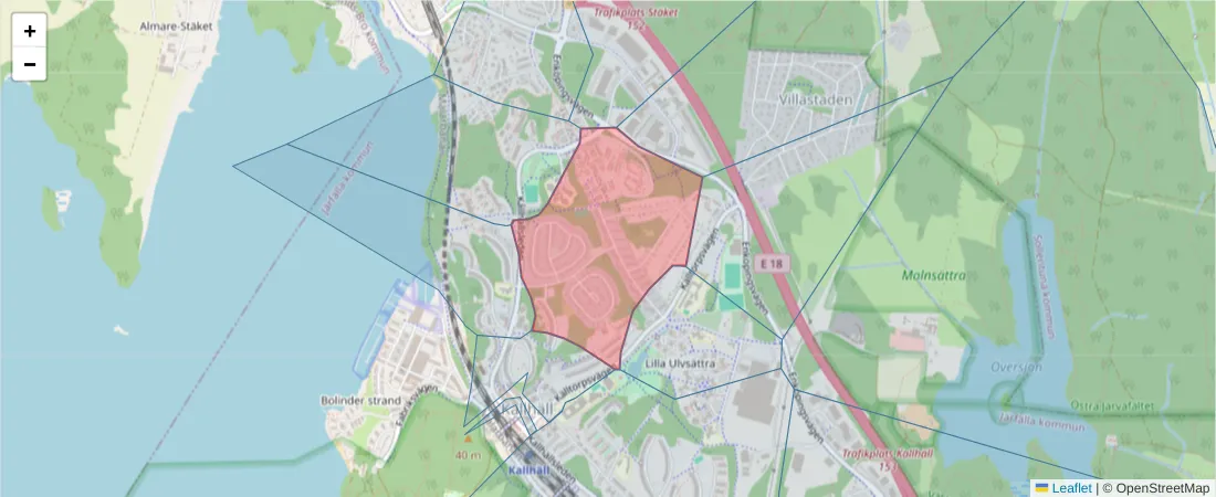 Karta över postnummerområdet  och angränsande postnummer i Sverige