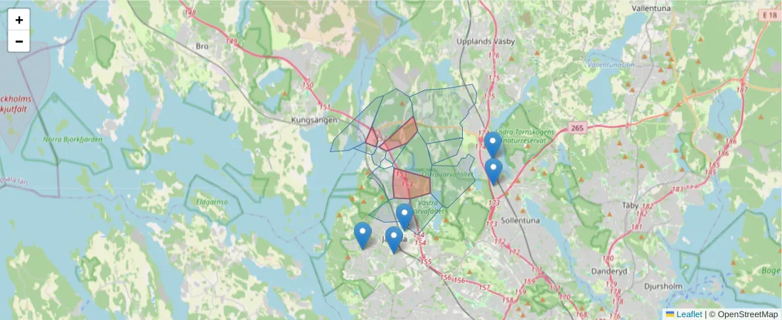 Karta över postnummerområdet  och angränsande postnummer i Sverige