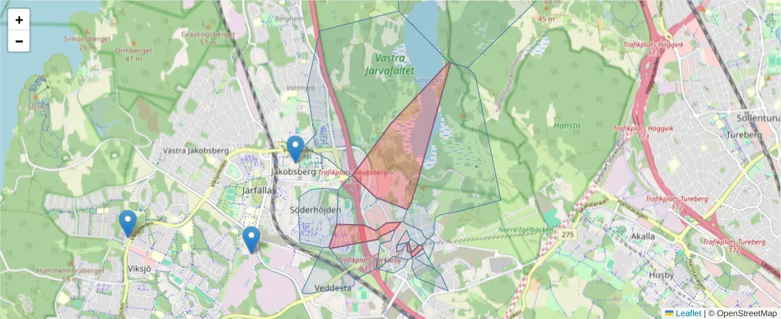 Karta över postnummerområdet  och angränsande postnummer i Sverige