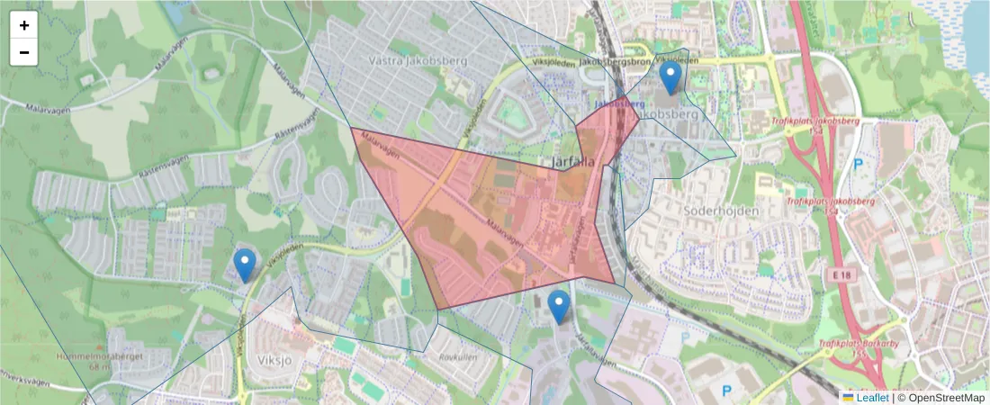 Karta över postnummerområdet  och angränsande postnummer i Sverige