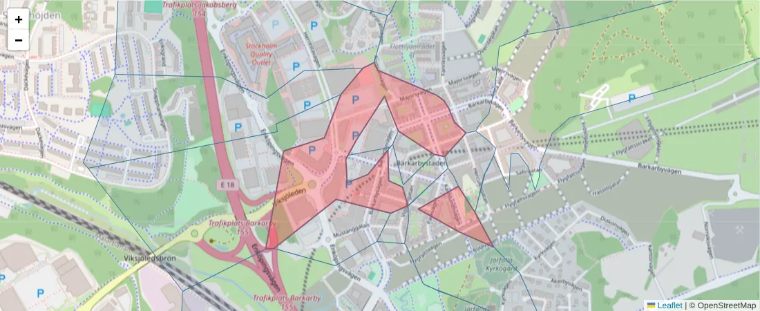 Karta över postnummerområdet  och angränsande postnummer i Sverige