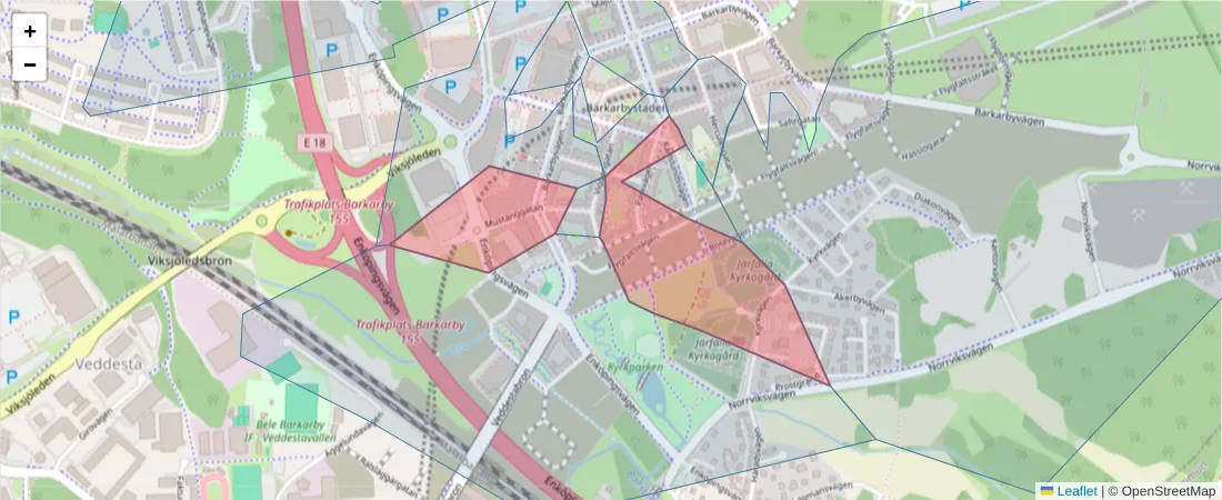 Karta över postnummerområdet  och angränsande postnummer i Sverige