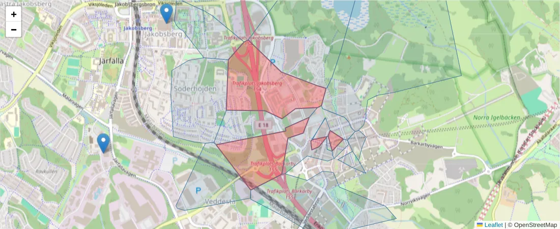 Karta över postnummerområdet  och angränsande postnummer i Sverige