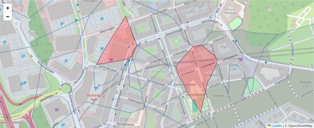 Karta över postnummerområdet  och angränsande postnummer i Sverige