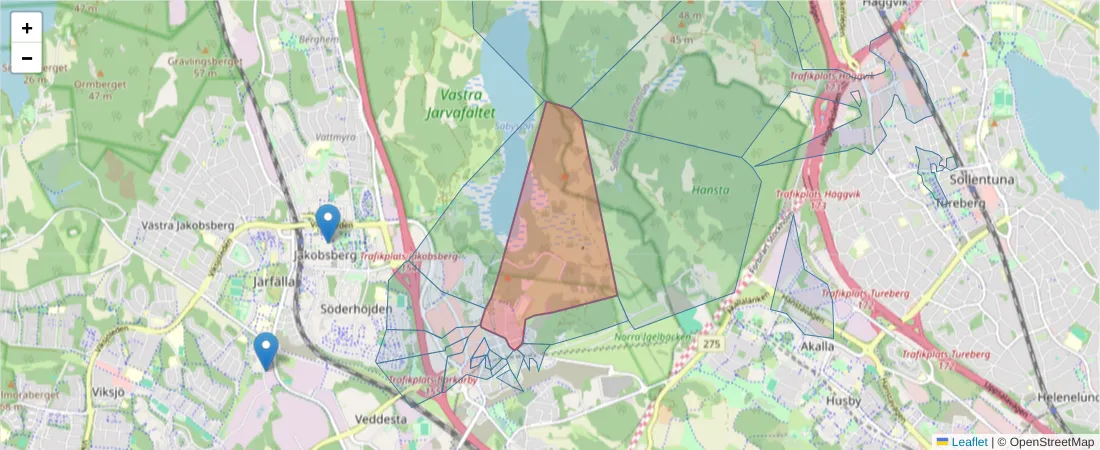 Karta över postnummerområdet  och angränsande postnummer i Sverige