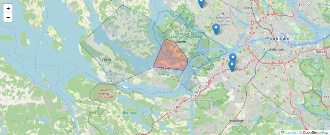 Karta över postnummerområdet  och angränsande postnummer i Sverige