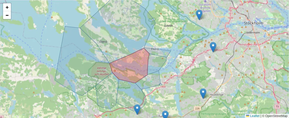 Karta över postnummerområdet  och angränsande postnummer i Sverige