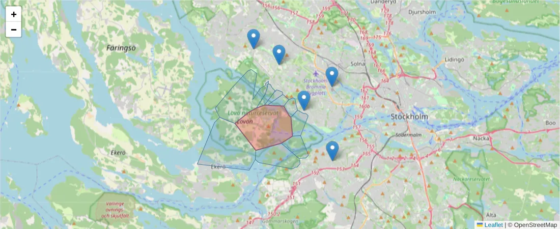 Karta över postnummerområdet  och angränsande postnummer i Sverige