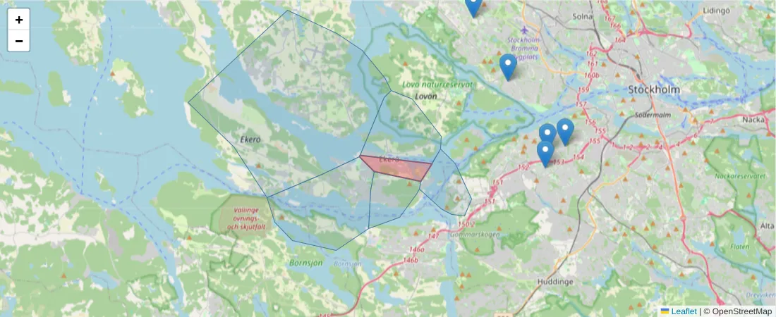 Karta över postnummerområdet  och angränsande postnummer i Sverige