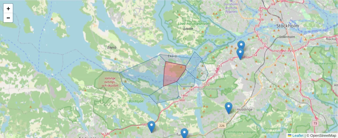 Karta över postnummerområdet  och angränsande postnummer i Sverige