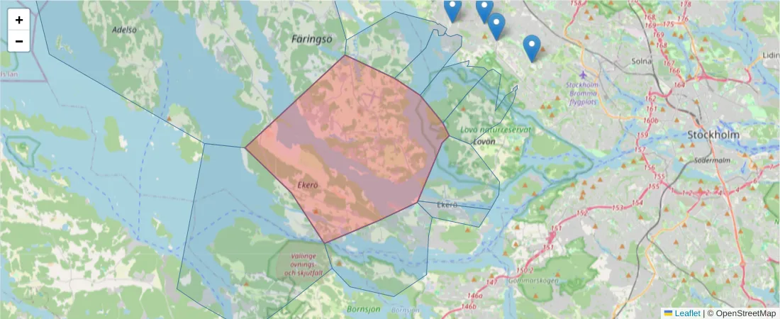 Karta över postnummerområdet  och angränsande postnummer i Sverige