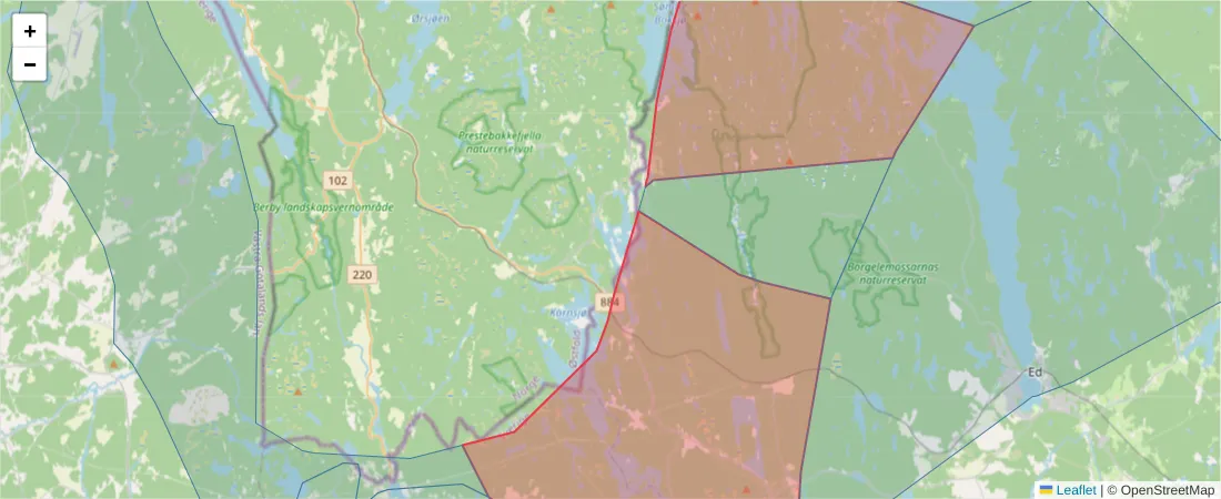 Karta över postnummerområdet  och angränsande postnummer i Sverige