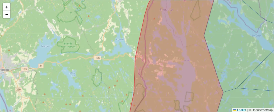 Karta över postnummerområdet  och angränsande postnummer i Sverige