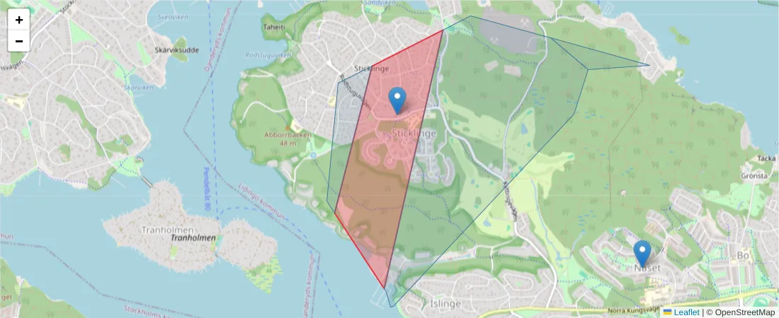 Karta över postnummerområdet  och angränsande postnummer i Sverige