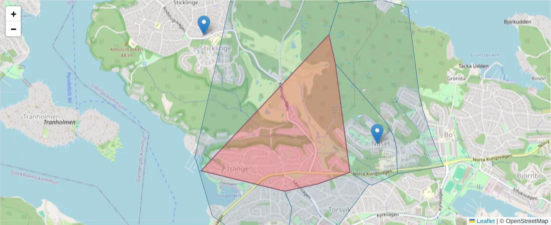 Karta över postnummerområdet  och angränsande postnummer i Sverige