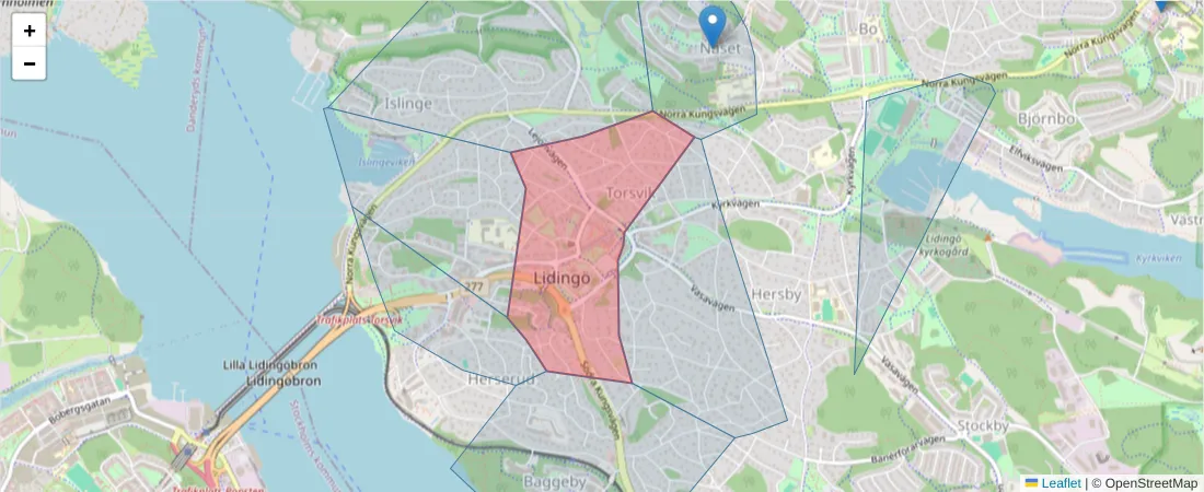 Karta över postnummerområdet  och angränsande postnummer i Sverige