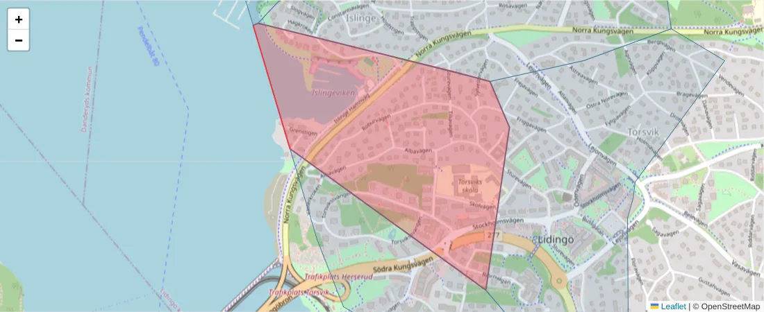 Karta över postnummerområdet  och angränsande postnummer i Sverige