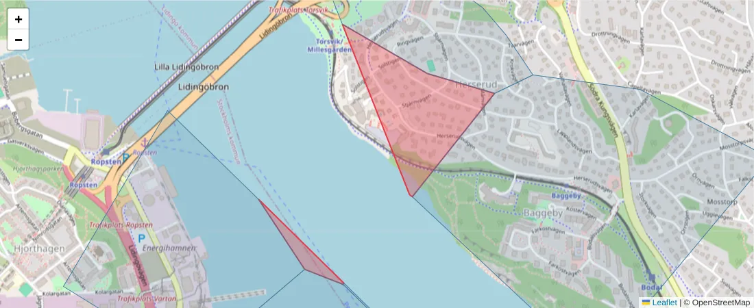 Karta över postnummerområdet  och angränsande postnummer i Sverige