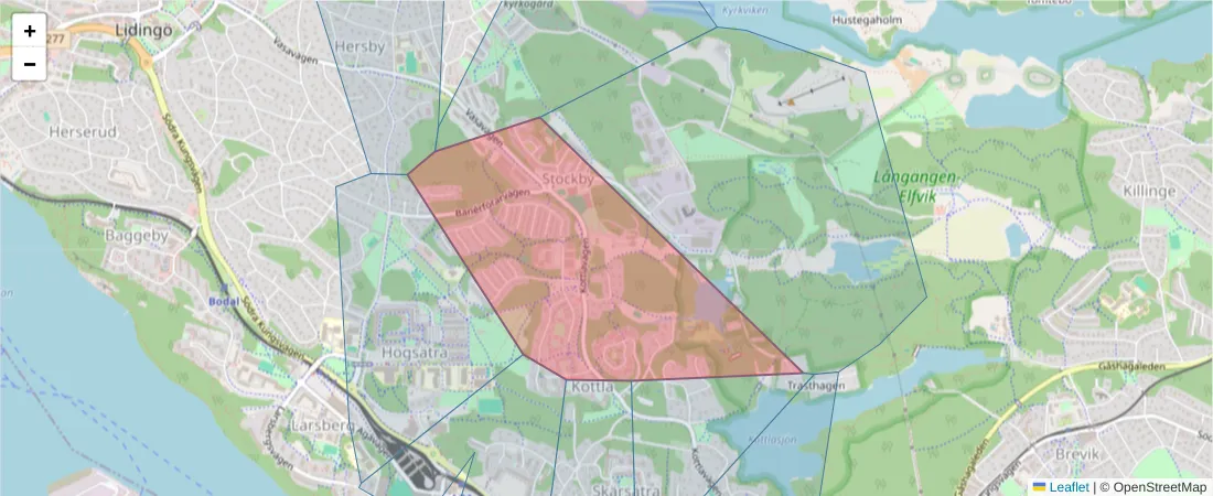 Karta över postnummerområdet  och angränsande postnummer i Sverige