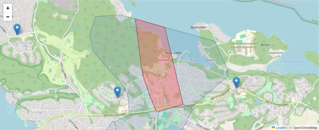 Karta över postnummerområdet  och angränsande postnummer i Sverige