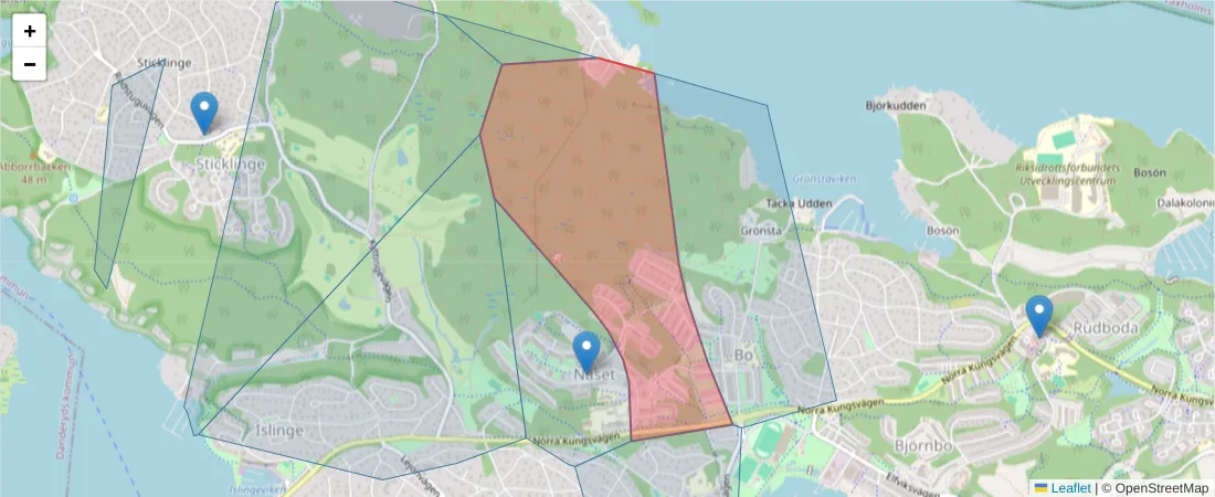 Karta över postnummerområdet  och angränsande postnummer i Sverige