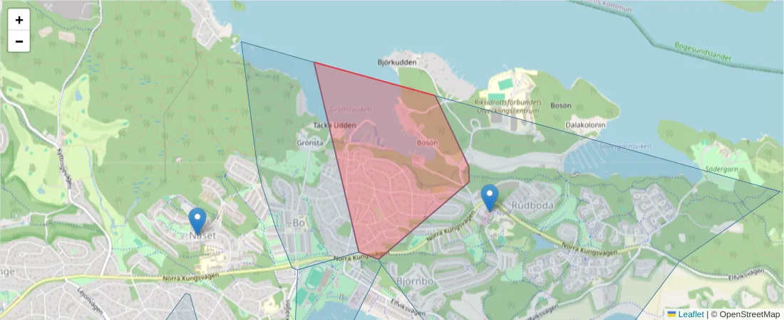 Karta över postnummerområdet  och angränsande postnummer i Sverige