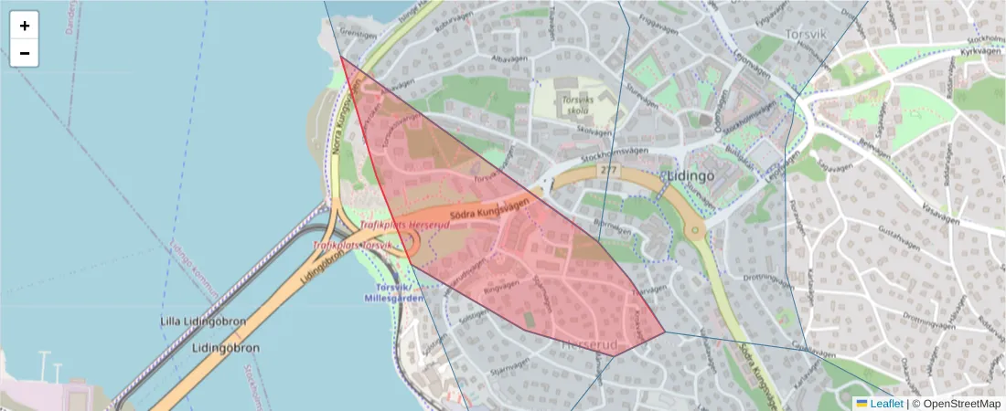 Karta över postnummerområdet  och angränsande postnummer i Sverige