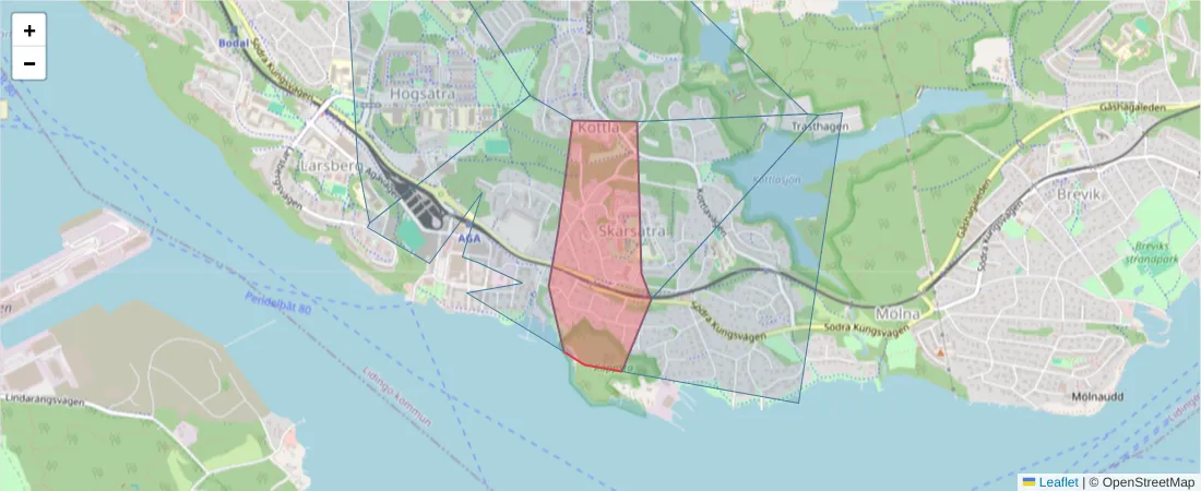 Karta över postnummerområdet  och angränsande postnummer i Sverige