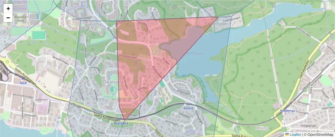 Karta över postnummerområdet  och angränsande postnummer i Sverige