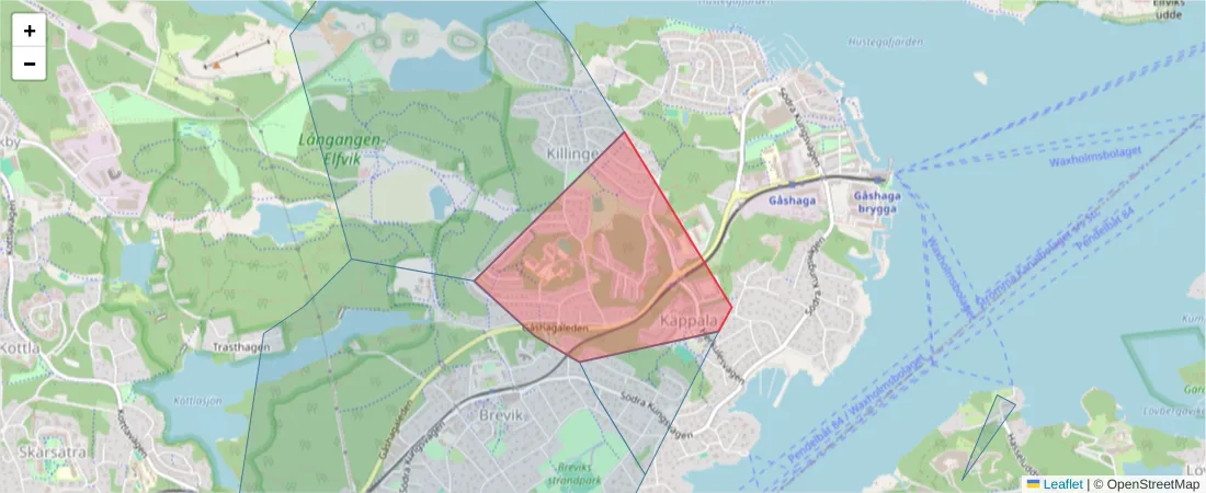 Karta över postnummerområdet  och angränsande postnummer i Sverige