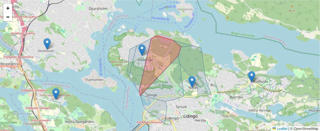 Karta över postnummerområdet  och angränsande postnummer i Sverige