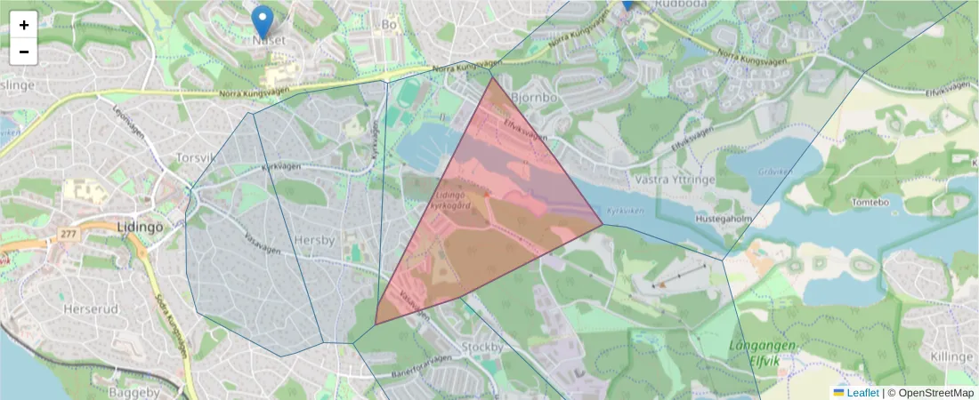 Karta över postnummerområdet  och angränsande postnummer i Sverige