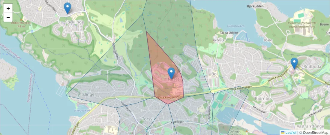 Karta över postnummerområdet  och angränsande postnummer i Sverige