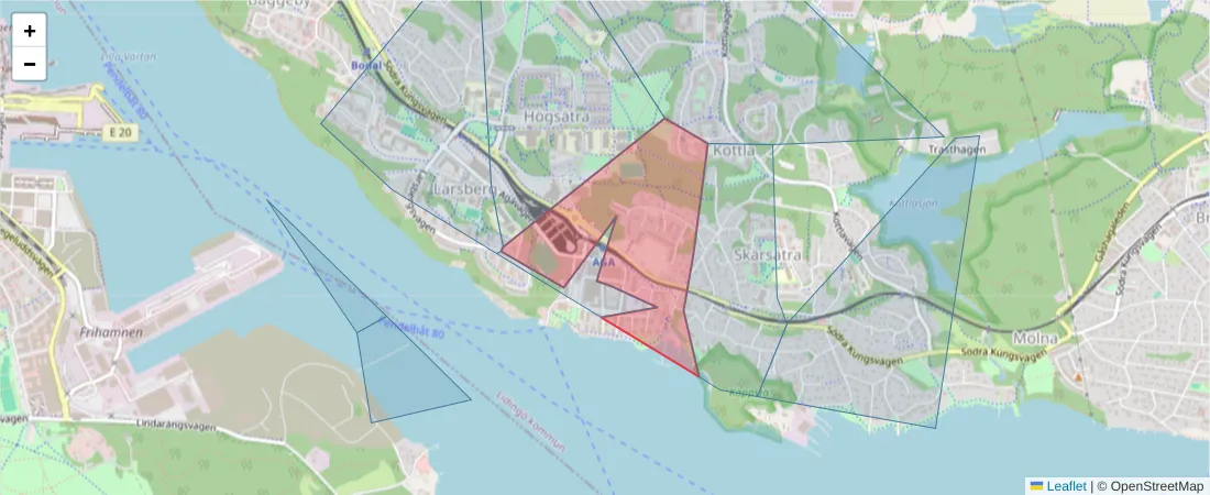 Karta över postnummerområdet  och angränsande postnummer i Sverige