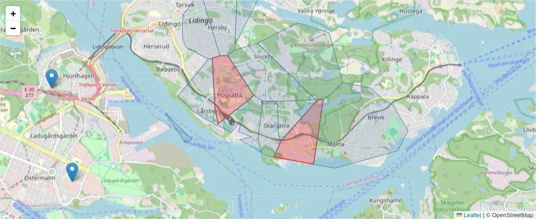 Karta över postnummerområdet  och angränsande postnummer i Sverige