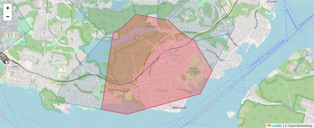 Karta över postnummerområdet  och angränsande postnummer i Sverige