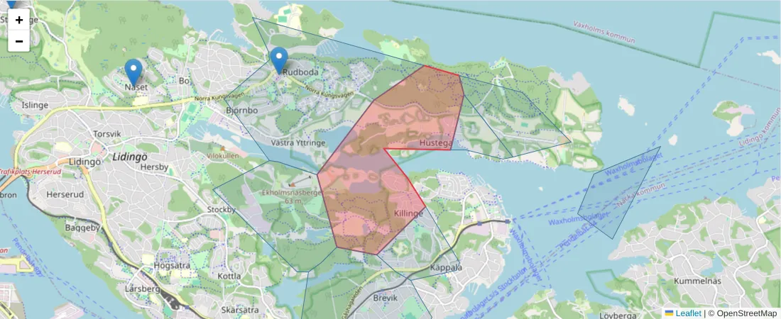 Karta över postnummerområdet  och angränsande postnummer i Sverige