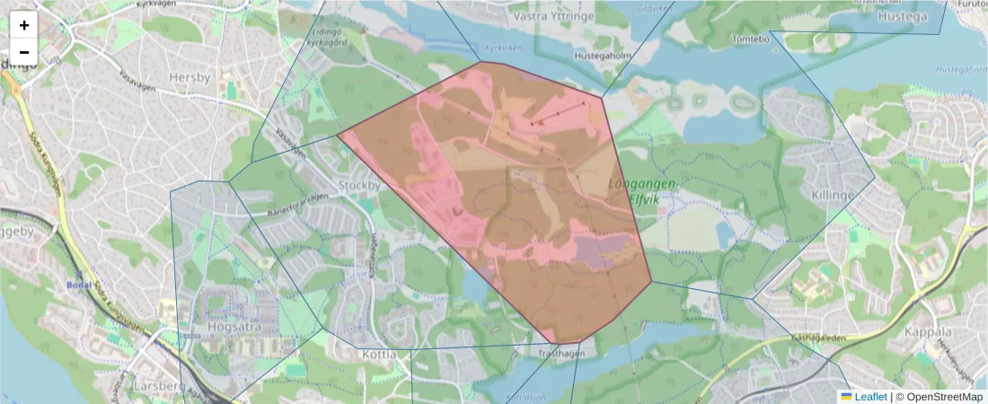 Karta över postnummerområdet  och angränsande postnummer i Sverige