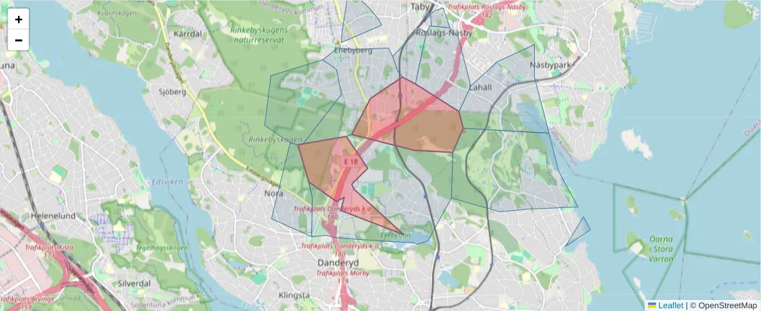 Karta över postnummerområdet  och angränsande postnummer i Sverige