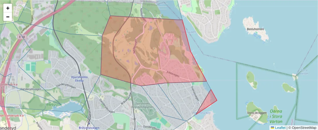 Karta över postnummerområdet  och angränsande postnummer i Sverige