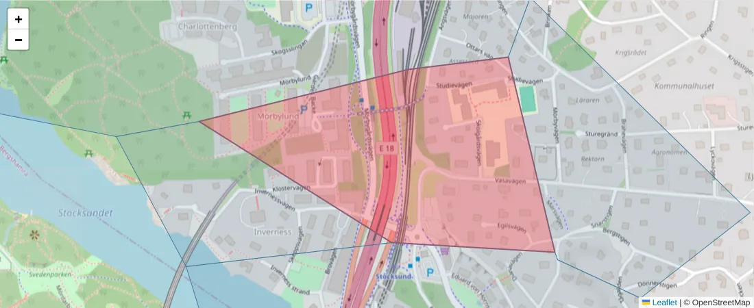 Karta över postnummerområdet  och angränsande postnummer i Sverige