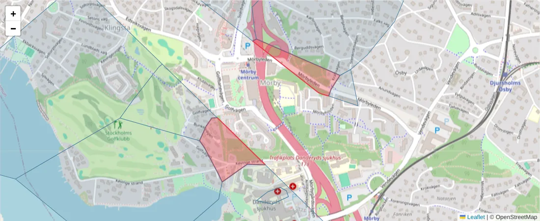 Karta över postnummerområdet  och angränsande postnummer i Sverige