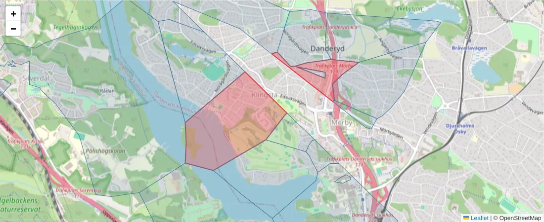 Karta över postnummerområdet  och angränsande postnummer i Sverige