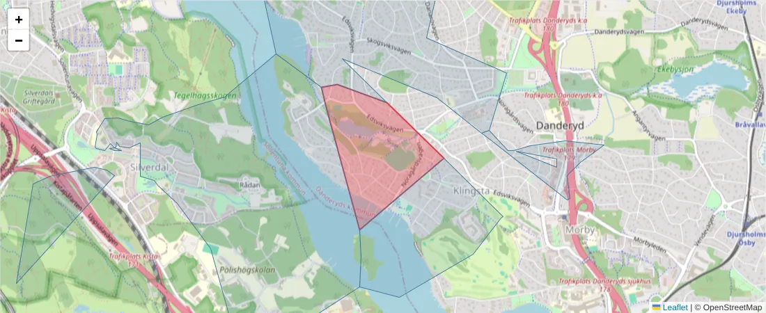 Karta över postnummerområdet  och angränsande postnummer i Sverige