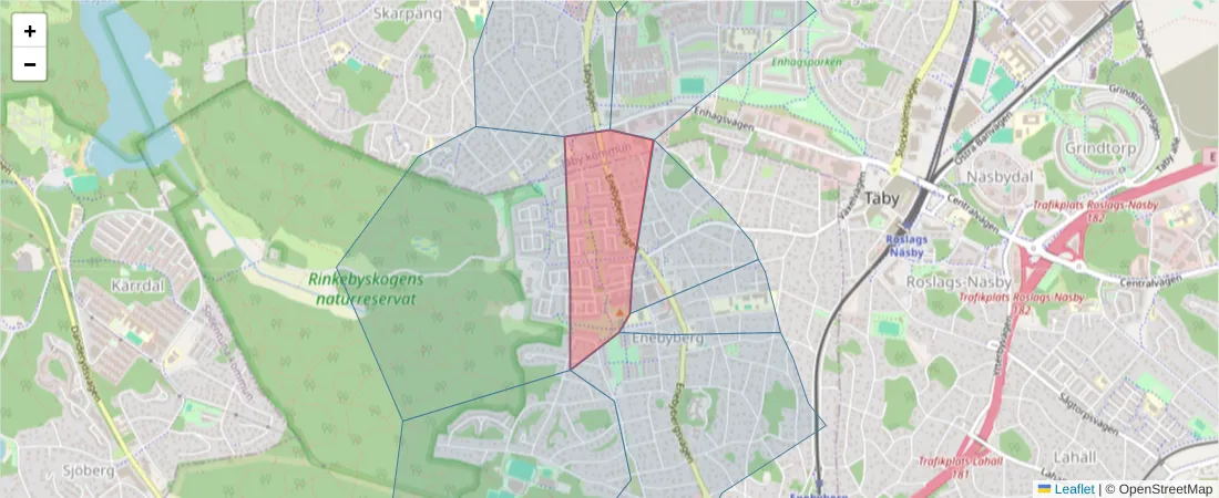 Karta över postnummerområdet  och angränsande postnummer i Sverige