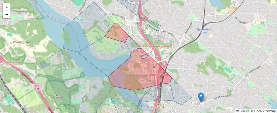 Karta över postnummerområdet  och angränsande postnummer i Sverige