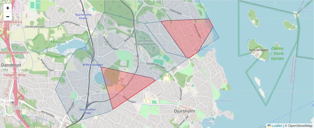 Karta över postnummerområdet  och angränsande postnummer i Sverige