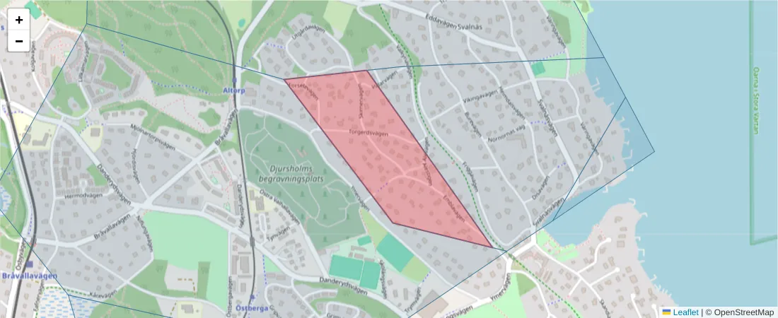 Karta över postnummerområdet  och angränsande postnummer i Sverige