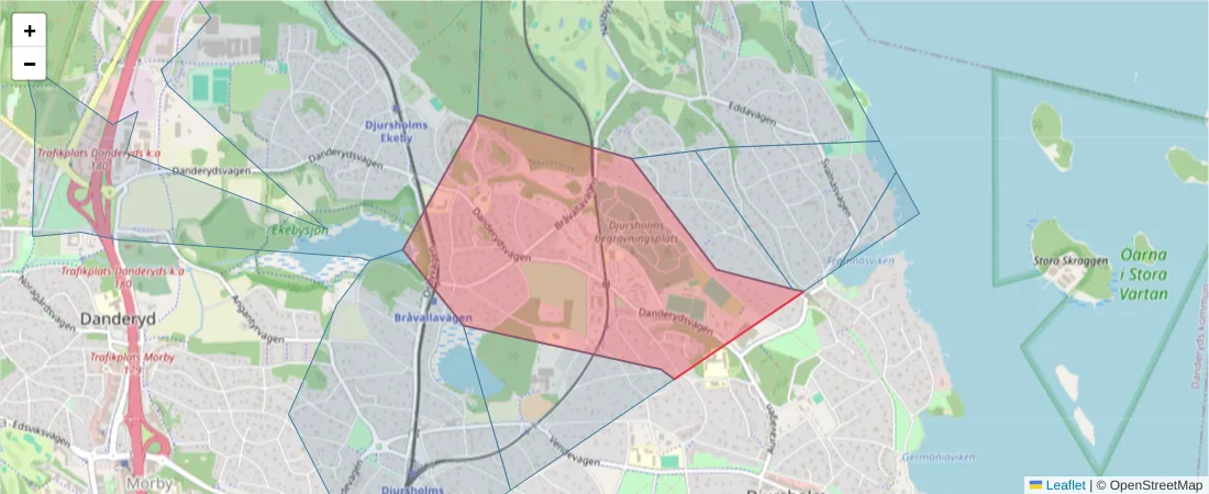 Karta över postnummerområdet  och angränsande postnummer i Sverige