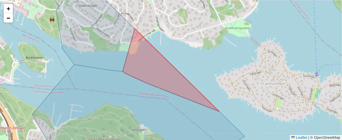Karta över postnummerområdet  och angränsande postnummer i Sverige